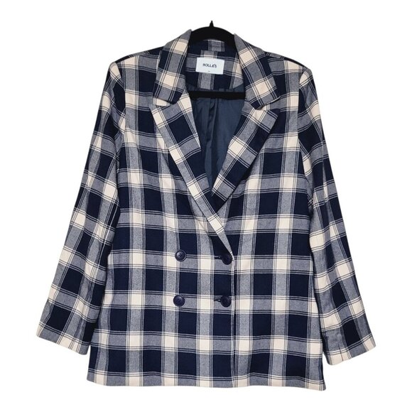 Rollas Horizon Check Flannel Blazer Navy Plaid Double-Breasted Womens 8 Flawless - Picture 5 of 9